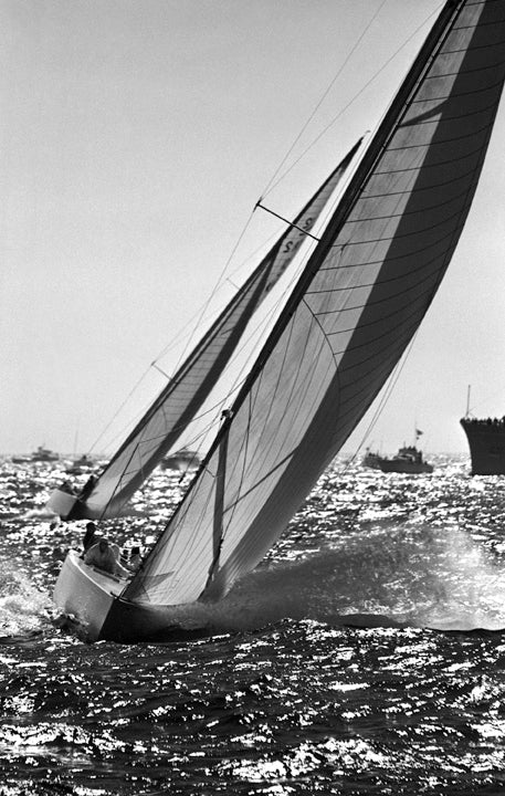 AT THE WEATHER MARK--DAME PATTIE AND INTREPID, 1967 <br />Despite the impressive talents of the Australian's Gretel and Dame Pattie , Olin Stephen's Intrepid rallies twice for victory in heavy seas and calm. Photographed and signed by Stanley Rosenfeld