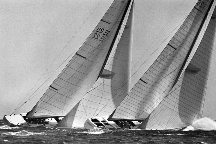 BEAT TO THE WINDWARD MARK <br />Courageous edged out Intrepid to defend in a classic east coast versus west coast contest: Intrepid was the underdog at the most widely followed Cup trials ever in 1974. Photographed and signed by Stanley Rose
